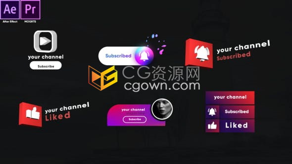 PR预设/AE模板-社交媒体视频博客频道关注订阅通知文本包装动画元素