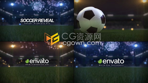 PR模板-体育场足球在草地上滚动展示出LOGO比赛庆祝视频片头