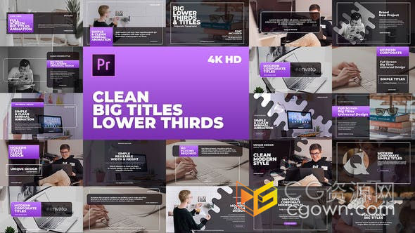 PR预设/AE模板-4K现代商业公司广播新闻全屏界面展示标题框字幕条介绍文字动画