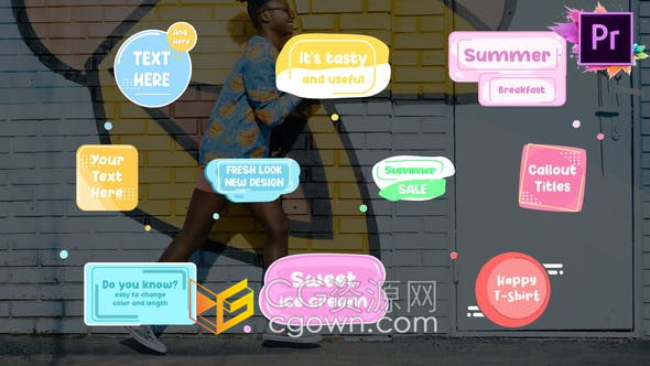 PR模板-10组卡通标签贴纸文字标题视频字幕效果动画