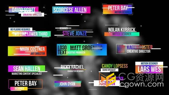 PR模板-16种设计彩色故障动画视频字幕条效果Glitch Lower Thirds