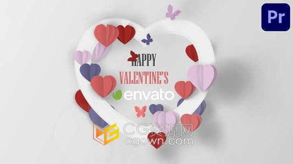 PR模板-彩色蝴蝶飞舞爱心方框多种图形元素婚礼情人节标题片头