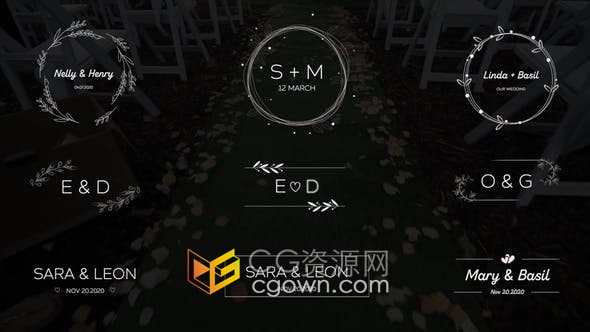 PR模板-复古优雅花卉生长动画浪漫徽章婚礼标题邀请函人名展示花环标题