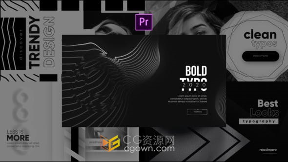 Premiere Pro制作5组单色黑暗时尚文字排版图案介绍媒体卡片动画视频-PR模板