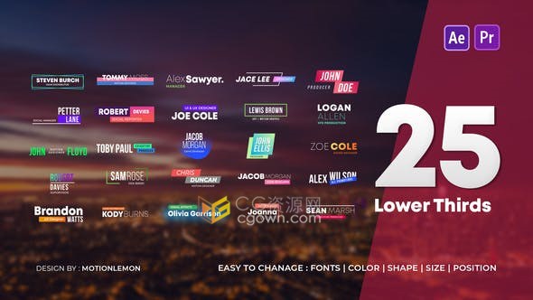25 Lower Third Titles文字标题视频字幕条动画效果-AE与PR模板