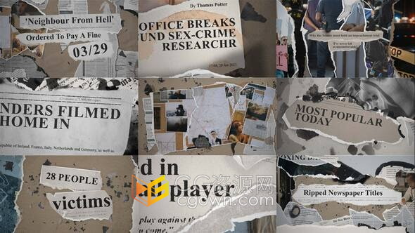PR模板-撕裂纸张剪裁报纸标题新闻介绍电影开场