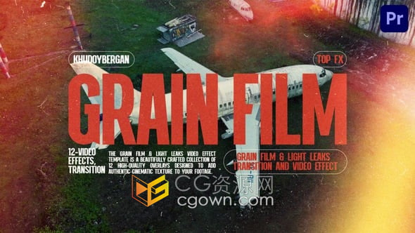 颗粒胶片光泄漏过渡和视频效果温暖复古时尚PR模板