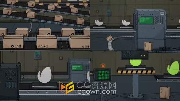 PR模板-卡通制造工厂传送带运输场景工业标志动画
