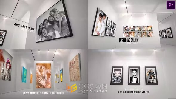 PR模板-三维室内展览艺术馆画廊墙上相框照片视频相册