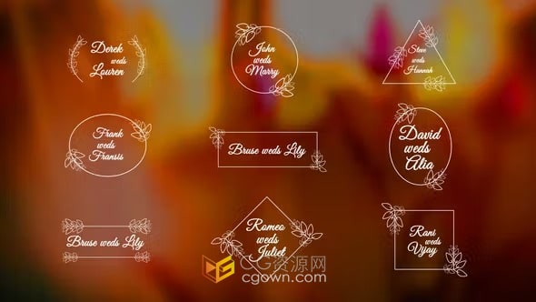 PR模板-简约线条花卉装饰元素复古样式婚礼标题邀请函卡片文本