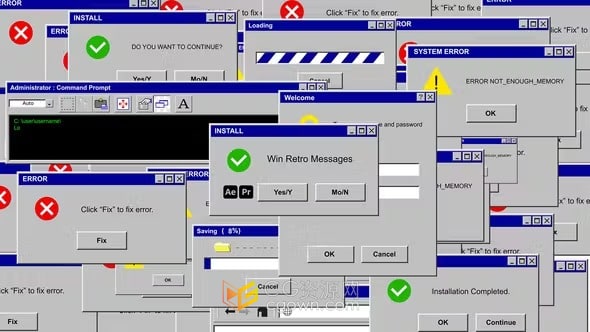 错误消息下载提示复古老式Windows弹窗动画-AE与PR模板
