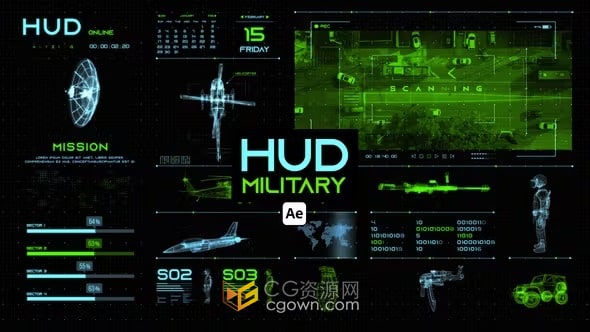 HUD军事主题科技界面信息图表元素-AE与PR模板