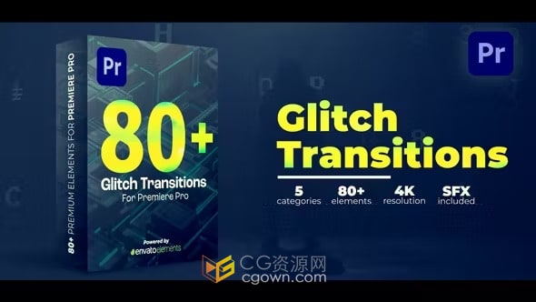 80+ Glitch Transitions PR模板故障特效转场过渡动画