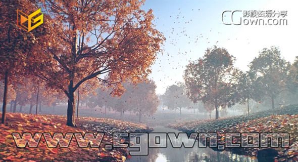 C4D教程 秋天树木落叶自然环境场景 建模渲染合成高级教程