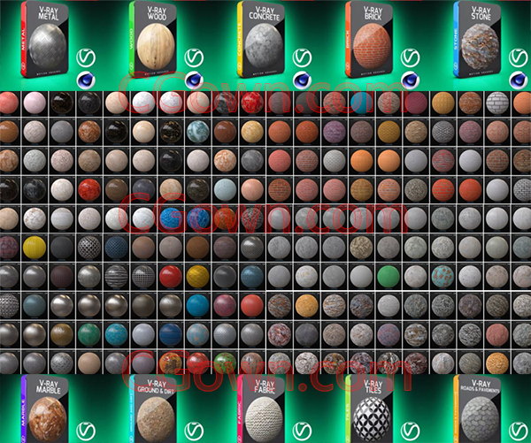 C4D预设Vray材质渲染4K纹理瓷砖大理石头织物木金属混凝土地路道
