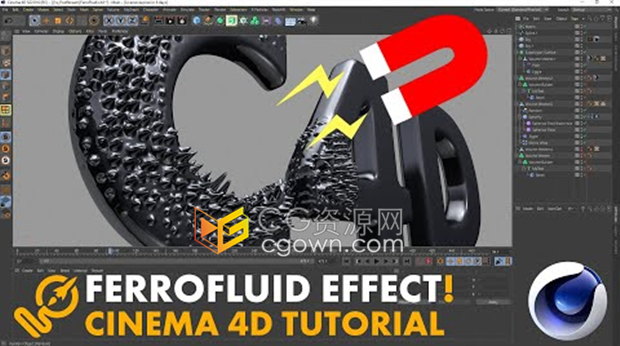 C4D教程-使用Field对象和Vertex Maps顶点映射生成铁磁流体尖峰效果动画制作