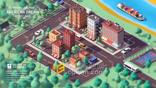 卡通低多边形城市建筑道路森林场景景观3D模型包含C4D/MAX/OBJ/3DS/FBX格式