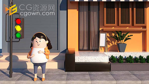 C4D卡通风格女士街边路口红绿灯场景角色形象
