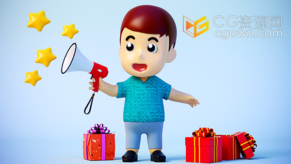 C4D卡通男孩用扩音器叫卖3D角色模型