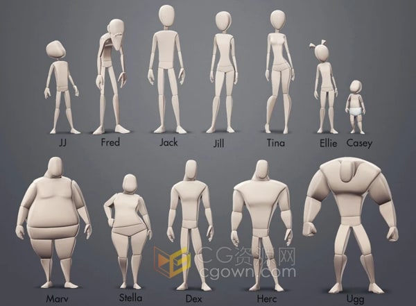 Body Mechanics Rigs v1.1 Maya模型12种不同体型绑定人物角色动画技能