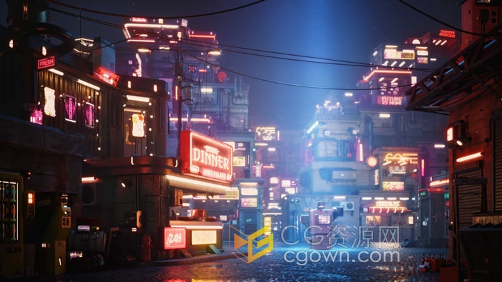 赛博朋克场景3D模型售货亭食品店交通站店面街道杂物机器