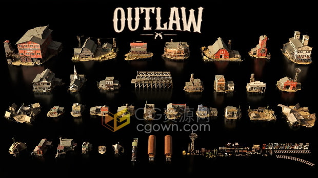 中世纪西部边疆小镇商铺仓库木屋房屋农场建筑3D模型Blender/Unreal格式