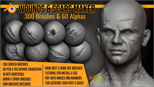 Blender插件Wounds And Scars 300种伤口和疤痕笔刷工具人物雕刻必备