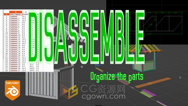 Blender插件Disassembler将产品模型如橱柜组件进行展平排序