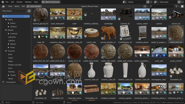 Blender 4.3插件Poly Haven Asset Browser v1.1.10 1500+资产库室内家具模型材质