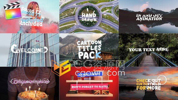 10种卡通液体泡泡飞溅水字幕标题动画+2种转场效果配有音效素材-FCPX插件下载