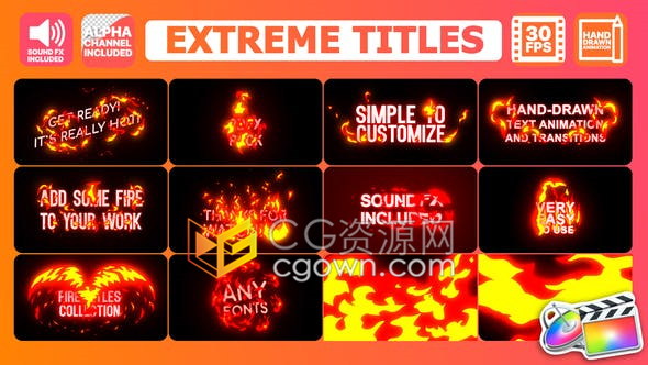 10种卡通火焰燃烧文字字幕动画2个转场效果并音效素材-FCPX插件下载