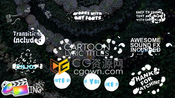 10组卡通液体手绘图形动画文字标题字幕动画带2种转场效果及音效素材-FCPX插件