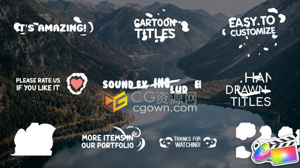 8种2D卡通动画字幕标题文字入场效果2种手绘烟雾MG图形转场-FCPX插件下载