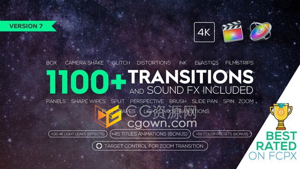 FCPX插件下载1100效果包括视频转场+调色预设+文字标题+光效素材+音效素材