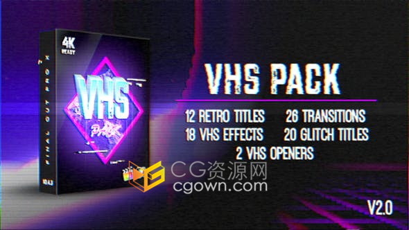 VHS效果FCPX插件包括18种特效20种文字标题12种LOGO片头动画6种转场预设