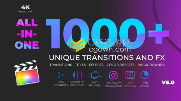 FCPX插件1000个拉伸旋转缩放转场水墨光效VHS故障分割特效调色标题背景动画