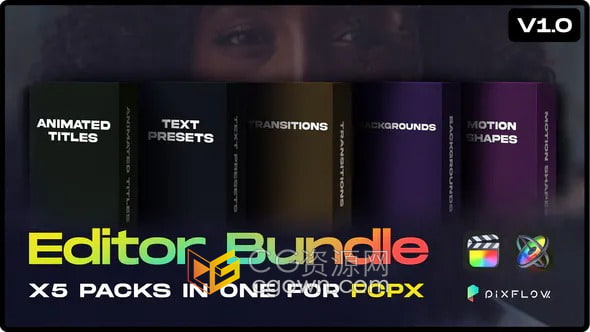 Editor Bundle FCPX插件包括5套文字标题预设字幕视频转场背景动画
