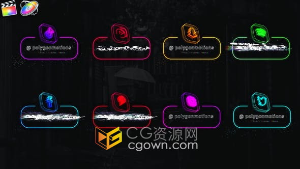 FCPX插件-霓虹灯发光社交媒体抖音3D图标故障视频字幕