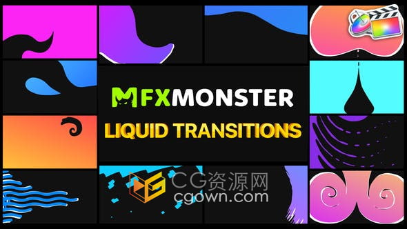 FCPX插件-动态彩色手绘液体波浪飞溅过渡视频转场动画12组