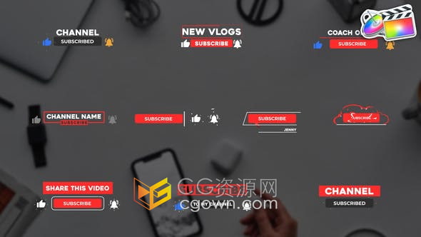 FCPX插件-10组社交媒体视频平台订阅按钮字幕条动画