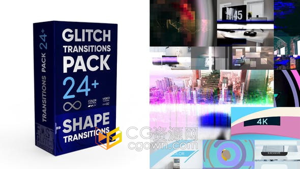 FCPX插件-24个故障毛刺素损坏图形动画视频转场效果Glitch Transitions Pack