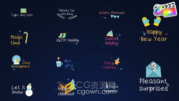 FCPX插件-14组卡通圣诞节元素主题视频字幕标题动画Colorful Christmas Titles