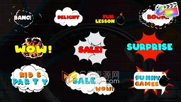 10组漫画卡通动画电视节目综艺视频字幕效果模板FCPX插件