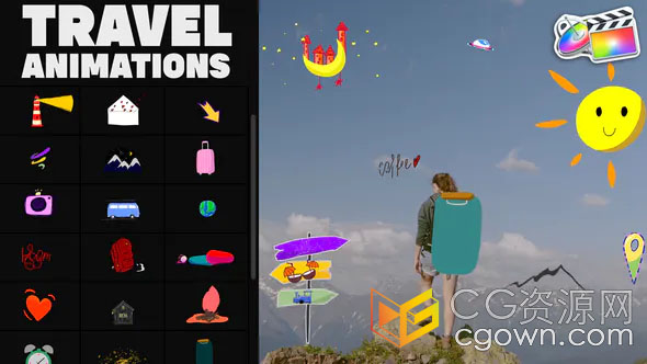 Travel Stickers FCPX插件31组旅行主题可爱动画卡通手绘MG图形
