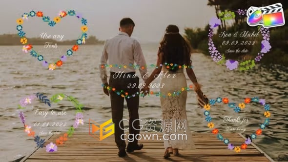 FCPX插件5种设计花束徽章元素婚礼文字标题动画Wedding Titles