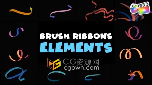 FCPX插件12个彩色丝带飘带动画元素Brush Ribbons Elements
