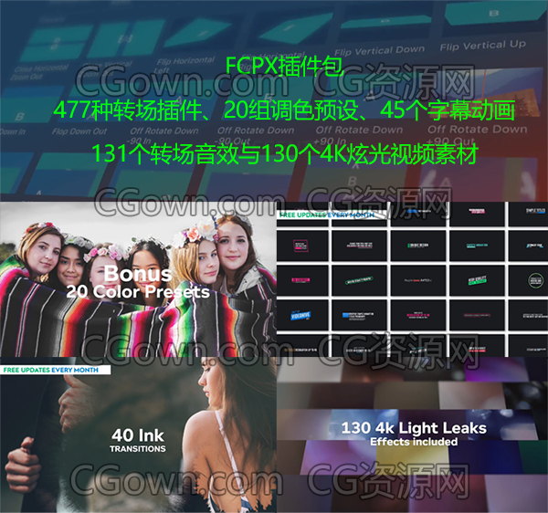 477个FCPX转场插件+20个调色预设+120个4K炫光视频+131个转场音效