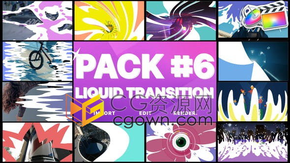 FCPX转场插件液体水飞溅卡通MG图形动画视频转场12种效果