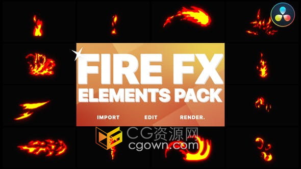 DaVinci Resolve模板-Flash FX 12组卡通燃烧火焰元素图形动画视频