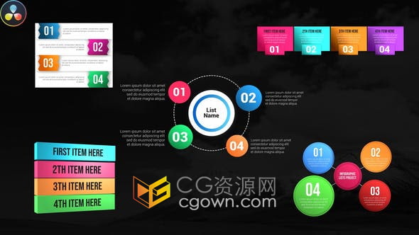 DaVinci Resolve模板-5组信息图表图形列表介绍分析动画